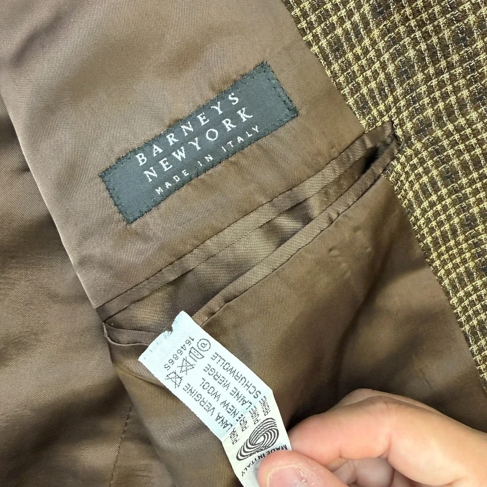 VTG Barneys New York Sport Coat Men 40R Brown Plaid Woven Blazer Old Money Italy